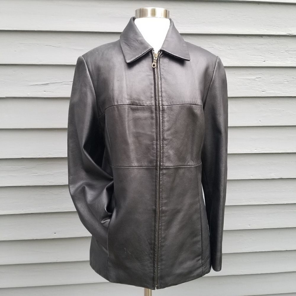 Vintage 90s y2k‎ Black Patchwork Zip Up Leather Jacket Woman's Medium